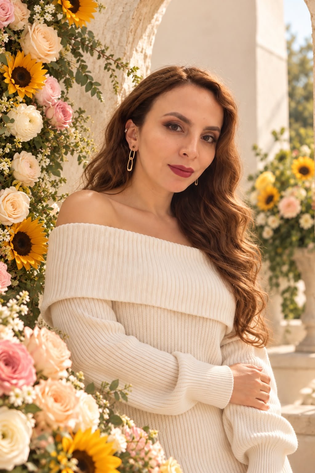 Diana Molina, fundadora y CEO de Difleur, con un suéter color crema junto a un arreglo de rosas y girasoles